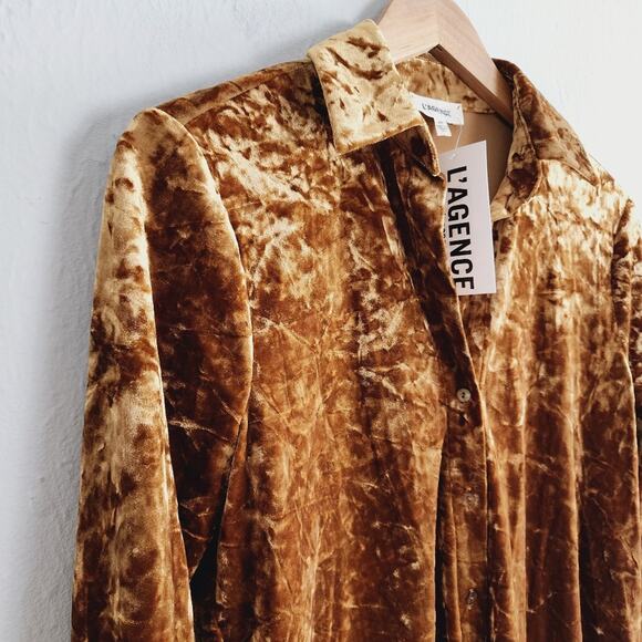 NWT L'Agence Laurent Crushed Velvet Burnout Button Down Blouse XS Khaki - Picture 7 of 11